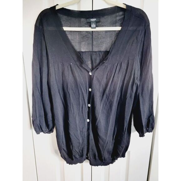 Alfani 1X Cardigan Sweater Black Knit 3/4 Sleeves Button Front Ltwt Rayon/Cotton - Picture 1 of 7